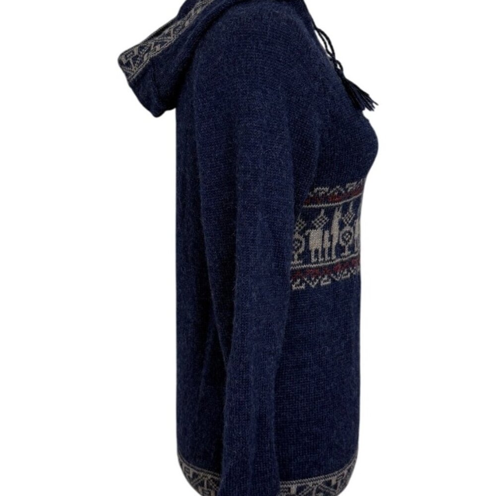 Manos Comunidad Baby Alpaca Knit Hoodie Tassel Aztec Sweater Blue Womens Size S - Picture 2 of 6